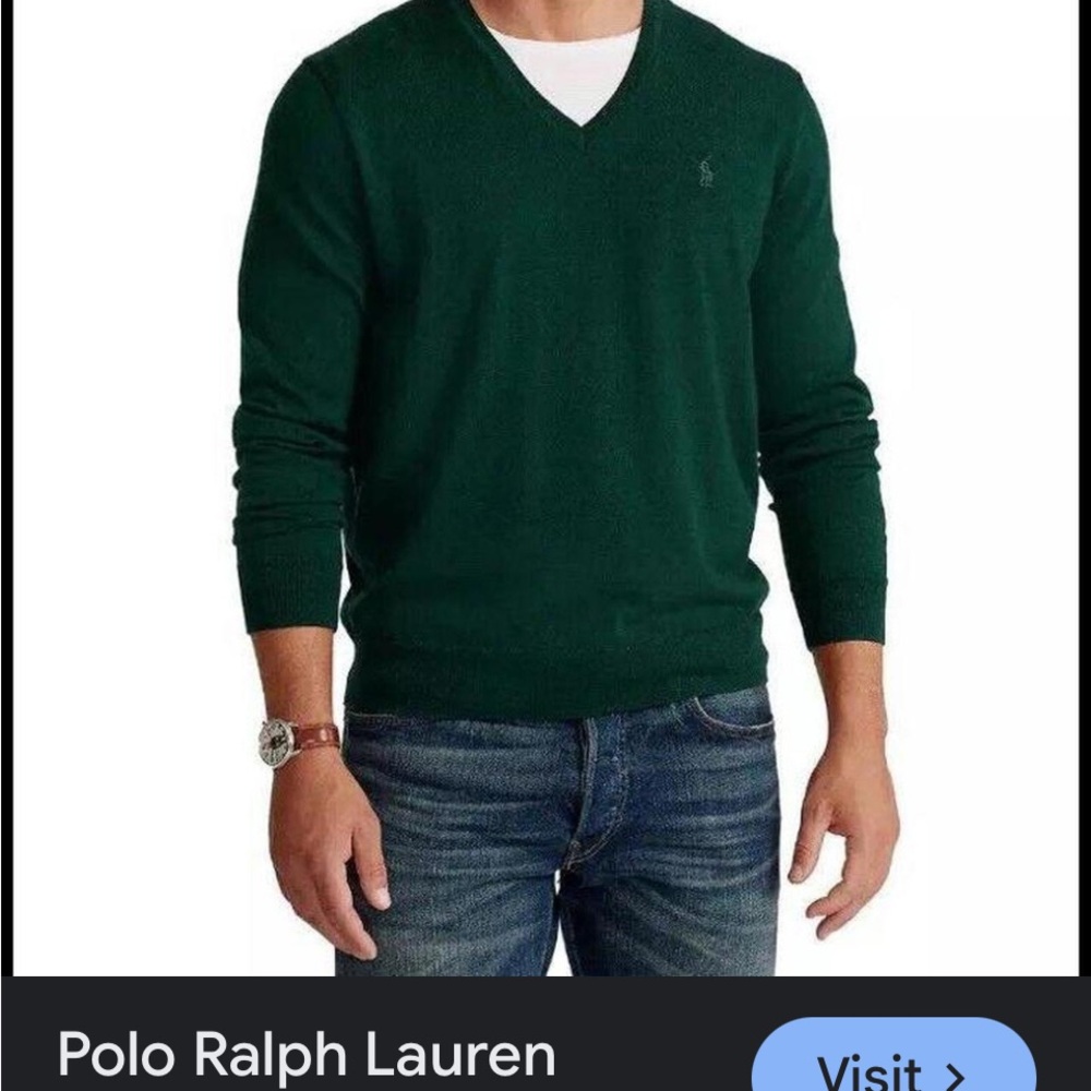 100% LAMBSWOOL POLO BY RALP LAUREN Men's Dark Green V-Neck Sweater